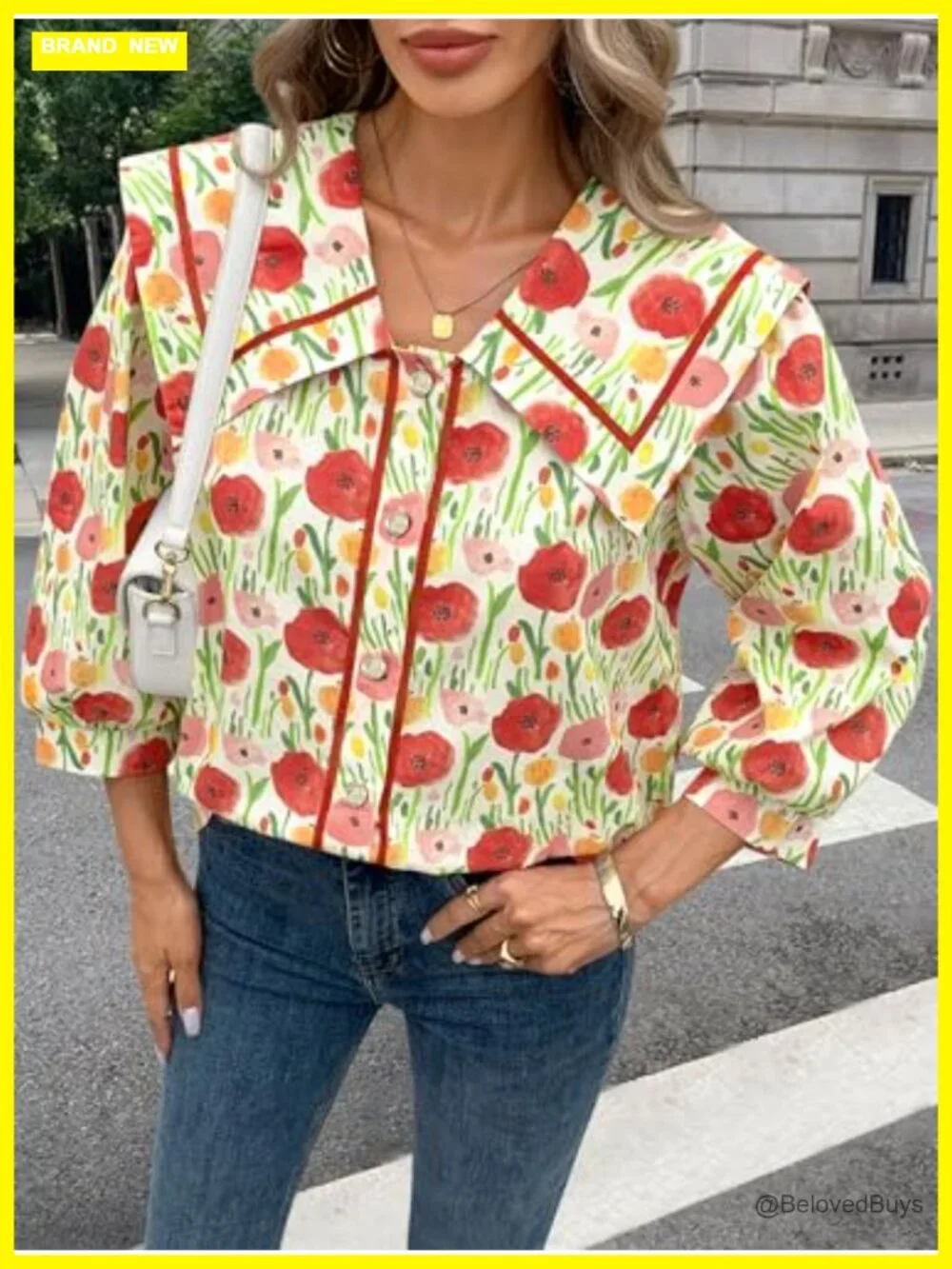 Floral Button Down Blouse 3/4 Sleeve Peter Pan Collar Cotton - Picture 3 of 7